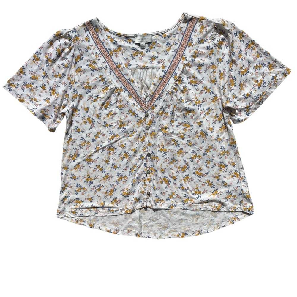 Lucky Brand Womens S Cream Mustard Floral Vneck Button Front Short Sleeve Blouse